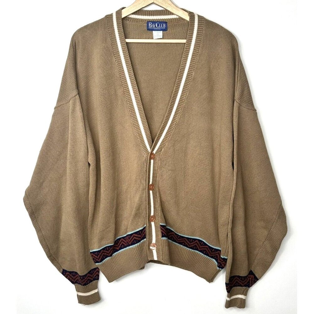 Vintage Bay Club Cardigan Sweater 80s Grandpa Knit Baggy Brown Mens Size Large